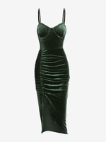 ZAFUL Robe Mi-Longue à Bretelle Plissée en Velours S Vert profond
