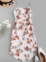 ZAFUL Robe Mi-Longue Asymétrique à Imprimé Fleurie à Volants S Blanc
