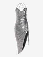 ZAFUL Robe Mi-Longue Brillante Métallisée à Col Halter L Argent