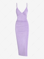 ZAFUL Robe Mi-Longue Fendue à Bretelle à Volants en Jersey S Violet clair