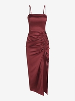 ZAFUL Robe Mi-Longue Fendue à Chaîne en Satin L Rouge foncé