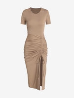 ZAFUL Robe Mi-Longue Fendue Côtelé à Lacets L Café lumière