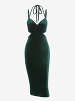 ZAFUL Robe Mi-Longue Fendue Découpée Au Dos en Velours à Col Halter S Vert profond