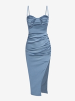 ZAFUL Robe Mi-Longue Fendue Soyeuse à Volants Xl Bleu clair