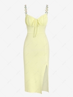 ZAFUL Robe Mi-Longue Style Bustier Côtelée Fleurie Patch à Col Noué M Jaune