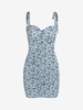 ZAFUL Robe Moulante à Imprimé Fleurie à Epaule Nouée à Volants S Bleu