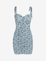 ZAFUL Robe Moulante à Imprimé Fleurie à Epaule Nouée à Volants S Bleu