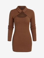 ZAFUL Robe Moulante Côtelée à Bretelle avec Cardigan Court S Café
