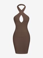 ZAFUL Robe Moulante Côtelée sans Dos à Col Halter S Café profond