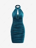 ZAFUL Robe Moulante Découpée en Velours à Volants à Col Halter L Bleu