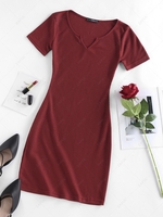 ZAFUL Robe Moulante en Tricot à Col V M Rouge foncé