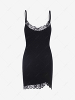 ZAFUL Robe Moulante Fendue à Bretelle Fine à Ourlet en Dentelle Xl Noir