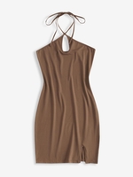 ZAFUL Robe Moulante Fendue à Col Halter M Café profond