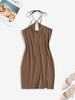 ZAFUL Robe Moulante Fendue à Col Halter S Café profond