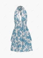 ZAFUL Robe Nouée à Imprimé Fleurie à Col Halter à Volants M Bleu