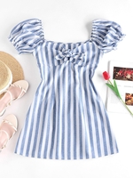 ZAFUL Robe Nouée Rayée à Manches Bouffantes à Volants S Bleu