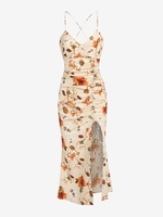 ZAFUL Robe Nuisette Moulante Fendue Fleur M Café lumière
