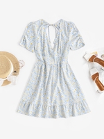 ZAFUL Robe Ouverte Au Dos Fleurie Nouée à Manches Bouffantes M Bleu clair