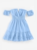 ZAFUL Robe Patineuse Plissée à Epaule Dénudée à Volants Armature en V S Bleu clair