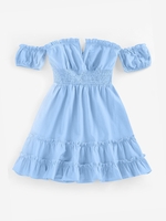 ZAFUL Robe Patineuse Plissée à Epaule Dénudée à Volants Armature en V S Bleu clair