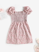 ZAFUL Robe Plissée à Imprimé Fleurie à Manches Bouffantes à Lacets L Rose clair