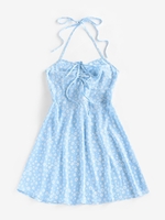 ZAFUL Robe Plissée Côtelée Fleurie Nouée M Bleu clair