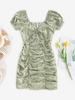 ZAFUL Robe Plissée Fleurie à Manches Bouffantes en Vichy M Vert