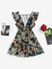 ZAFUL Robe Plongeante à Imprimé Tropicale à Volants L Bleu profond