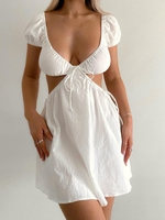 ZAFUL Robe Plongeante Découpée Nouée à Manches Bouffantes L Blanc