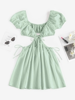 ZAFUL Robe Plongeante Découpée Nouée à Manches Bouffantes M Vert clair