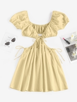 ZAFUL Robe Plongeante Découpée Nouée à Manches Bouffantes S Jaune clair