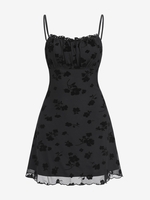 ZAFUL Robe Rose Superposée en Jacquard en Maille à Bretelle à Volants S Noir