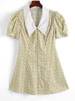 ZAFUL Robe Rétro Feuille Gaufrée Manches Gigot à Col Plat S Jaune clair