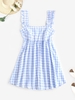 ZAFUL Robe Smockée à Col Carré en Vichy à Volants L Bleu clair