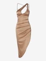 ZAFUL Robe Soyeuse avec Strass à Col Asymétrique M Café lumière