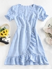 ZAFUL Robe Superposée à Manches Bouffantes en Vichy à Volants M Bleu clair