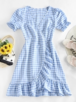 ZAFUL Robe Superposée à Manches Bouffantes en Vichy à Volants M Bleu clair