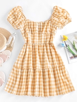 ZAFUL Robe Superposée à Manches Bouffantes en Vichy M Jaune