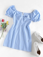 ZAFUL Robe Tordue à Manches Bouffantes en Vichy à Volants L Bleu clair