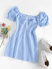 ZAFUL Robe Tordue à Manches Bouffantes en Vichy à Volants S Bleu clair