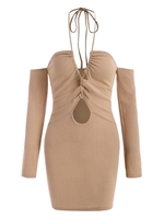 ZAFUL Robe Tricotée Epaule Dénudée à Lacets à Col Halter Xl Café lumière