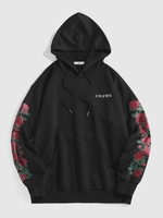 ZAFUL Sweat à Capuche à Imprimé Lettre Rose Fleur avec Poche Kangourou Streetwear M Noir