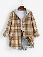 ZAFUL Sweat à Capuche Boutonné à Carreaux en Flanelle avec Poche Xl Café lumière