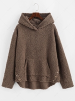 ZAFUL Sweat à Capuche en Tissu Duveteux avec Poche à Ourlet Courbe en Fausse Laine M Café