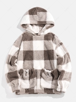 ZAFUL Sweat à Capuche Fourré à Carreaux avec Double Poches L Café