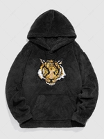 ZAFUL Sweat à Capuche Fourré Tigre Brodé avec Poche L Noir