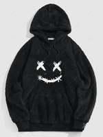 ZAFUL Sweat à Capuche Fourré Visage Brodé Dessin Animé de Streetwear L Noir