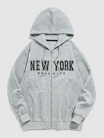 ZAFUL Sweat à Capuche Motif de Lettre NEW YORK Zippé en Laine M Gris clair