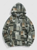 ZAFUL Sweat à Capuche Pull-over Fourré Style Ethnique Motif Géométrique en Flanelle L Gris