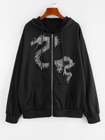 ZAFUL Sweat à Capuche Zippé à Imprimé Dragon S Noir